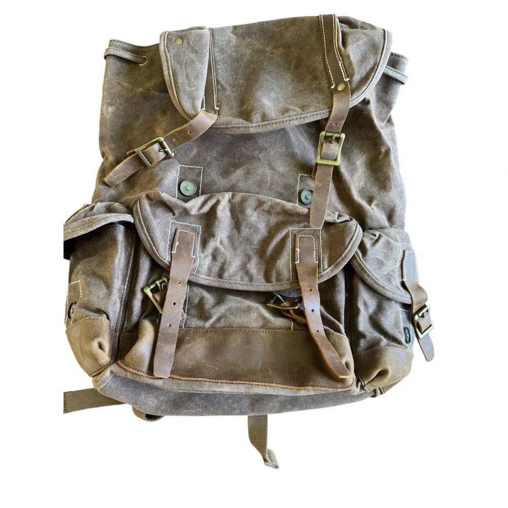 Vintage Style Waxed Canvas Leather Rucksack Backpack Buckle Flap Unisex